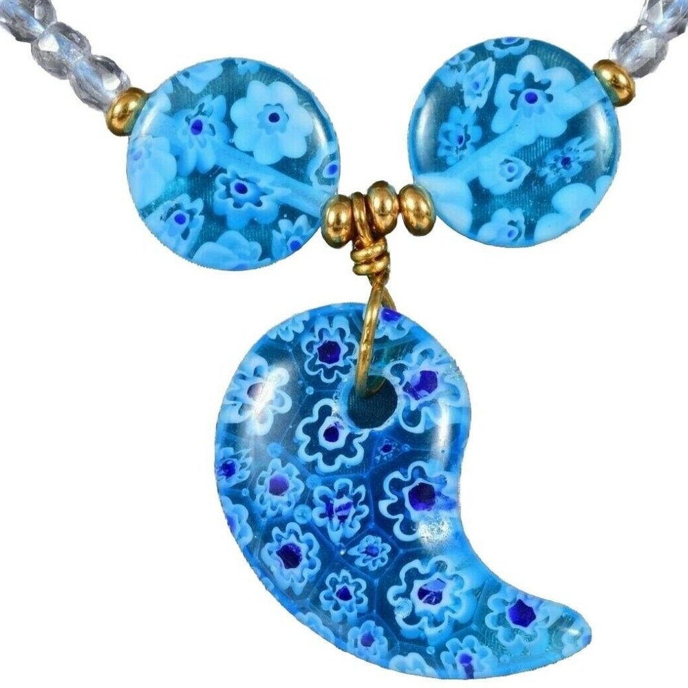 Millefiori Glass Bead Necklace Italian Cut Blue Floral Pendant 19.5" NEW